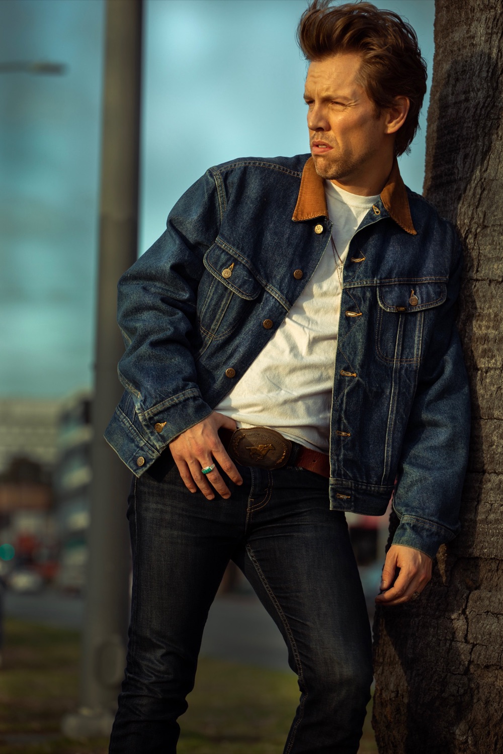 Shawn-Caulin Young in a denim jacket, photographed by Mason Trueblood